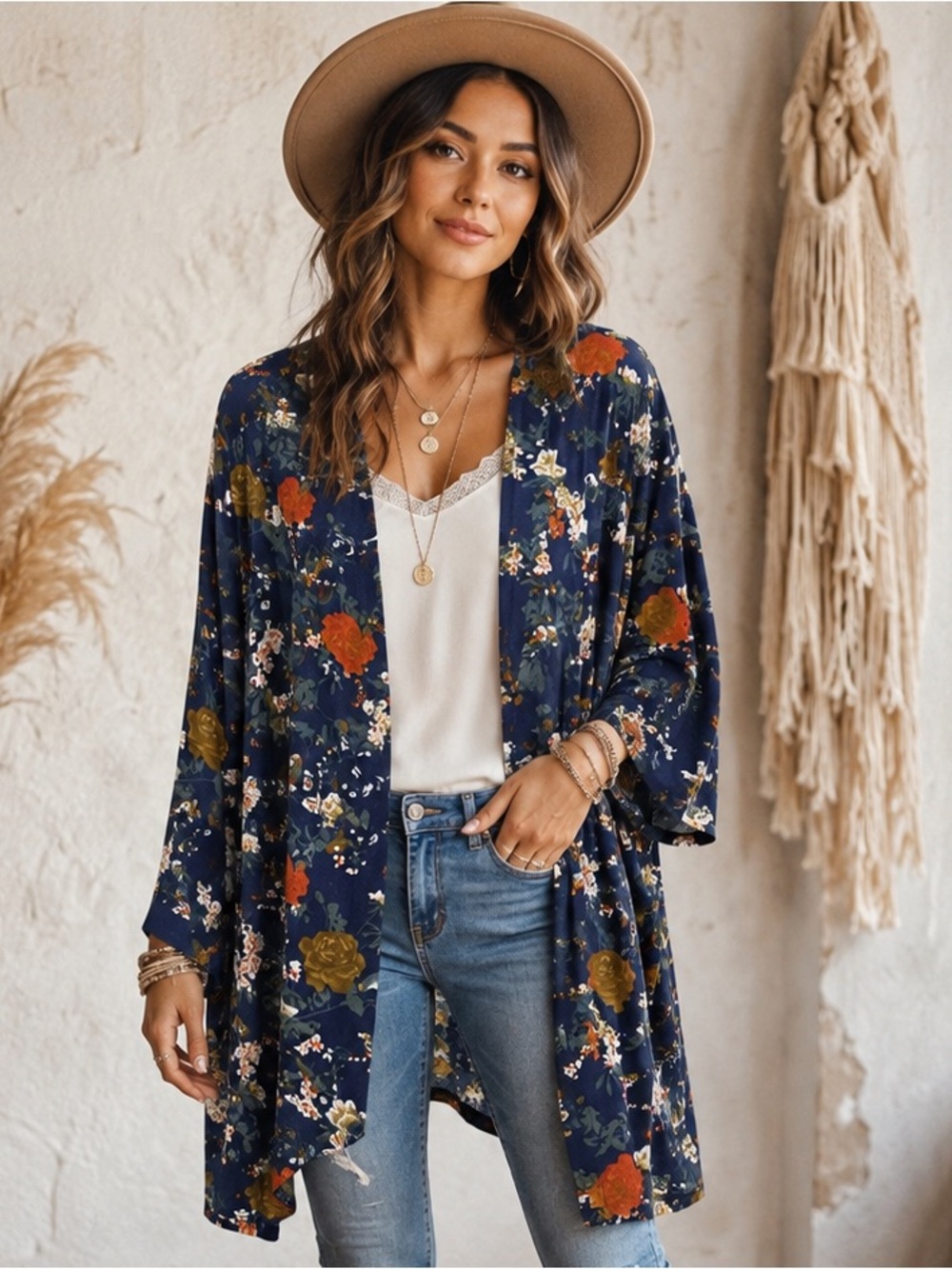 Scobe Floral Kimono Cardigan Size Large Navy Boho Open Front Lightweight